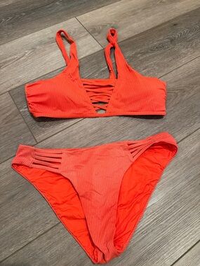 Ribbed Strappy Orange Bikini Set - Women Swim